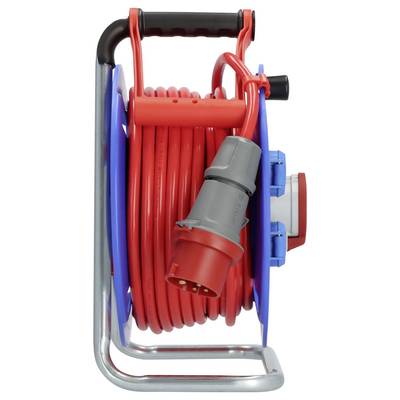 Rote Industriekabelrolle mit aufgewickeltem rotem Verlängerungskabel, roten und blauen Seiten und grauem/rotem Stromstecker