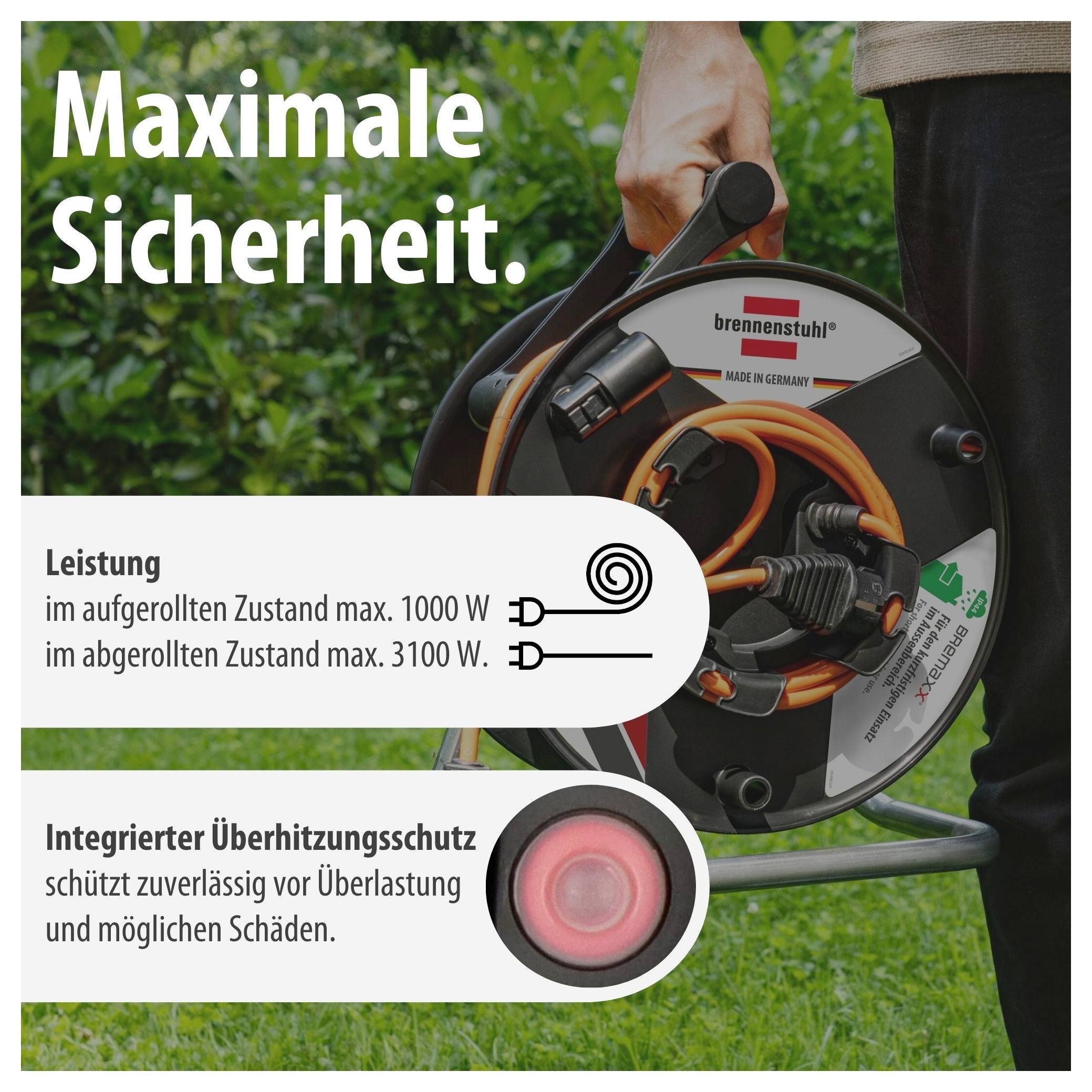 Werbung für eine Kabeltrommel von Brennenstuhl mit dem Slogan 'Maximale Sicherheit'; zeigt Leistung und integrierten Überhitzungsschutz.