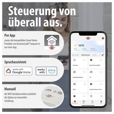 Werbung für Smart-Home-Steuerung: 'Steuerung von überall aus' per App, Sprachassistent mit Google Home und Alexa sowie manuell über WiFi-Steckdose.