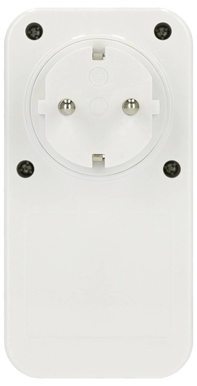 Weiße Steckdose mit zwei Steckplätzen und vier Schrauben an den Ecken.