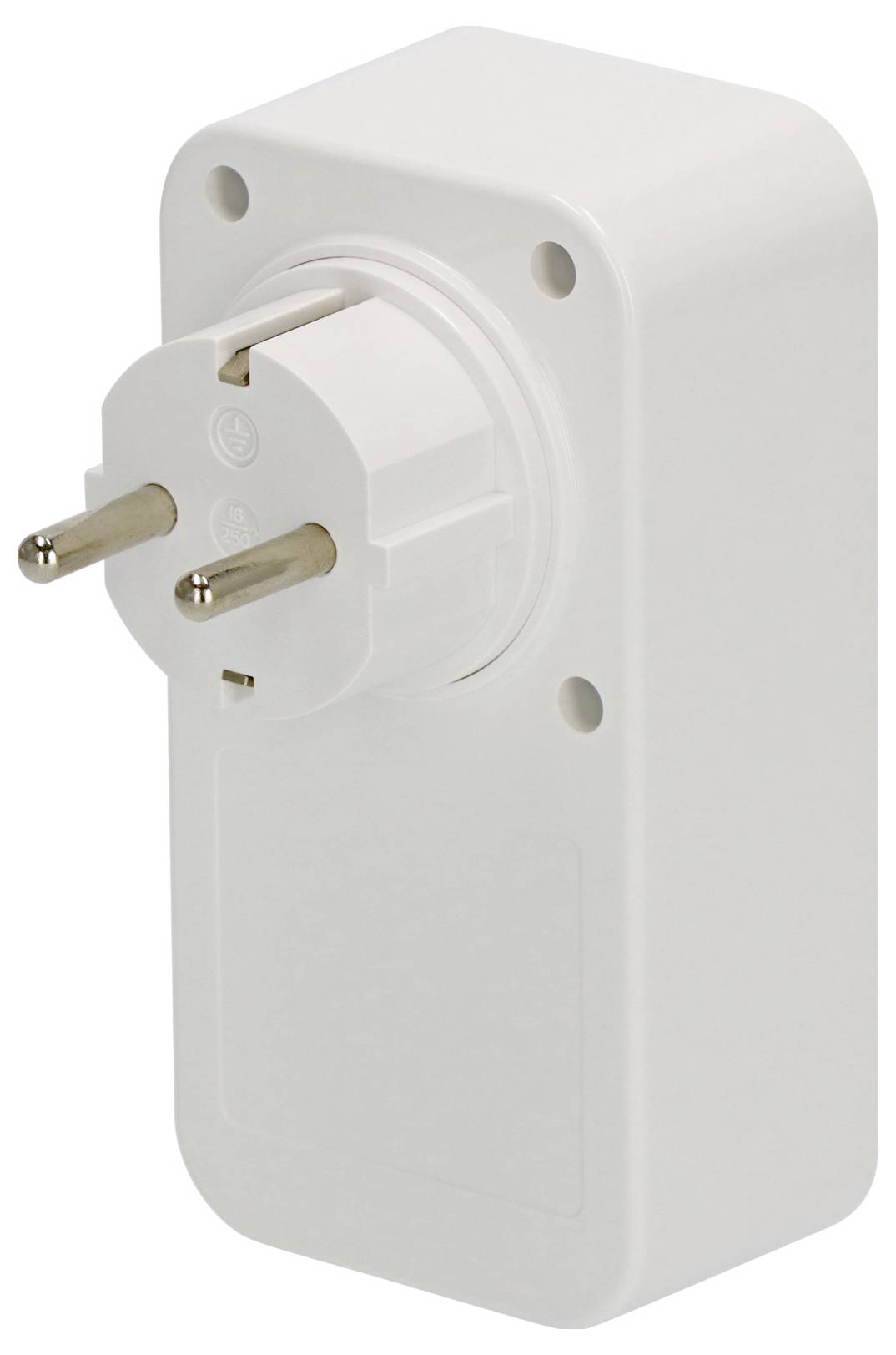 Weißer Smart-Stecker mit zwei runden Metallstiften zum Einstecken in eine Steckdose.