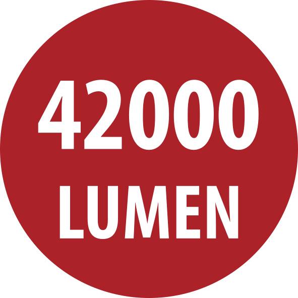 Rotes rundes Etikett mit weißem Text „4200 LUMEN".