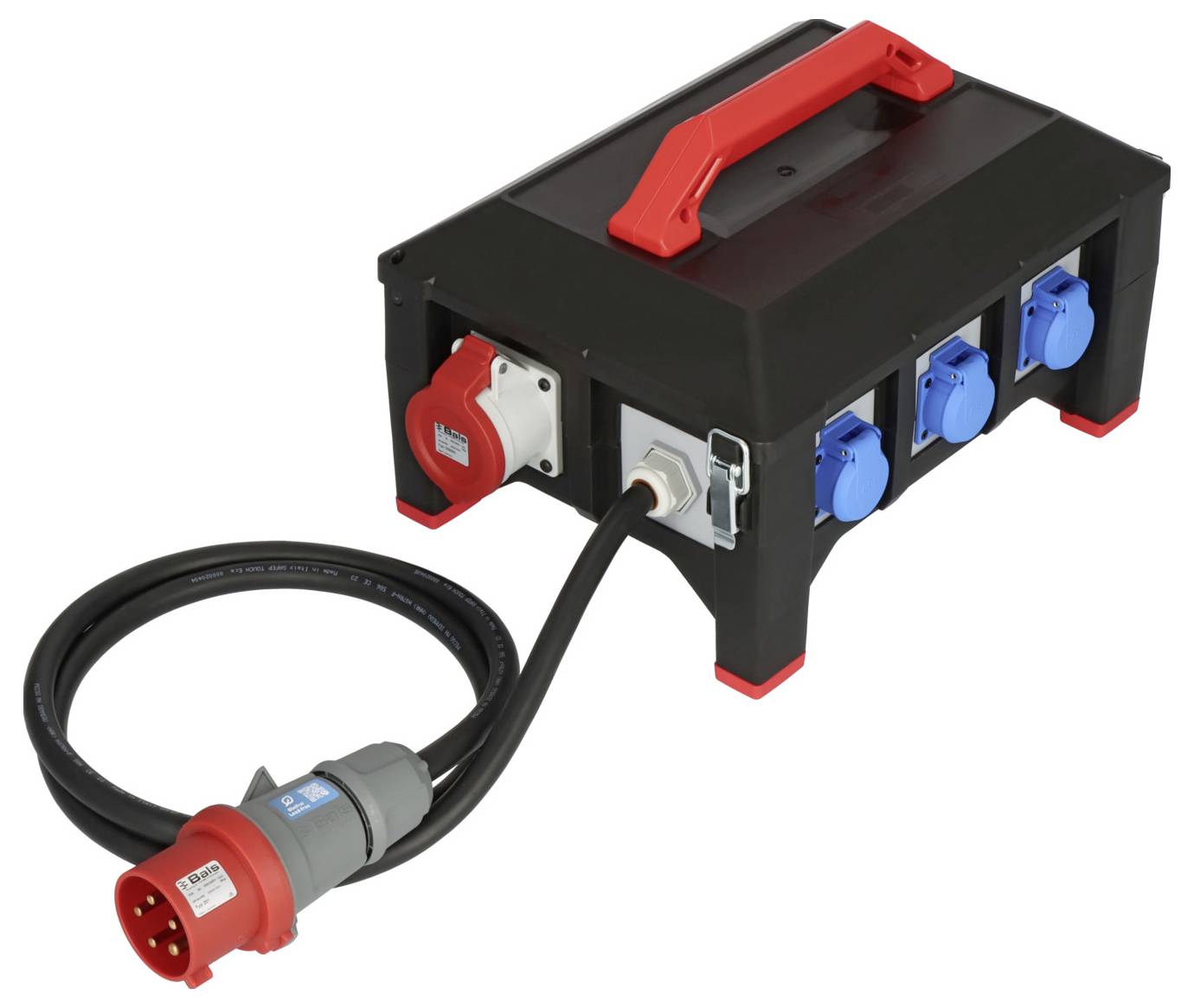 Tragbare Stromverteilungsbox mit rotem Griff, mehreren blauen Steckdosen und einem angeschlossenen Schwerlastkabel, das in einen roten Industrie-Stecker endet.