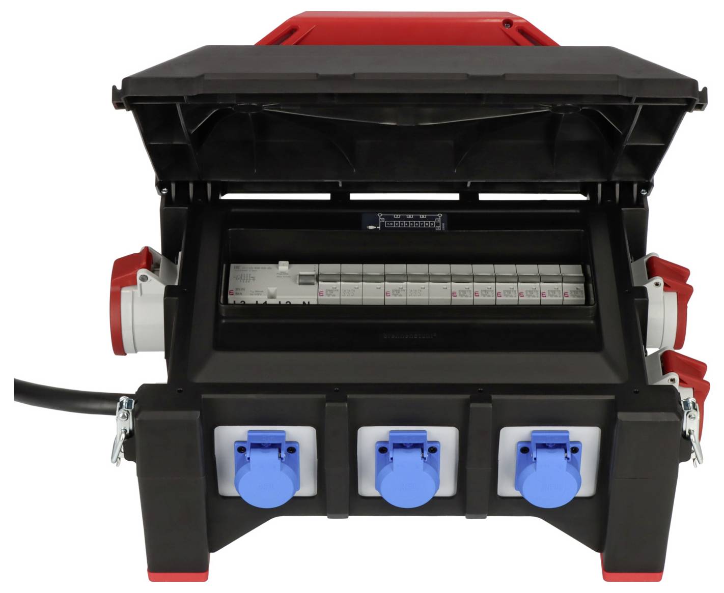 Tragbare elektrische Verteilungsbox mit offener Abdeckung, sichtbaren Leistungsschaltern im Inneren und drei blauen Steckdosen auf der Vorderseite.