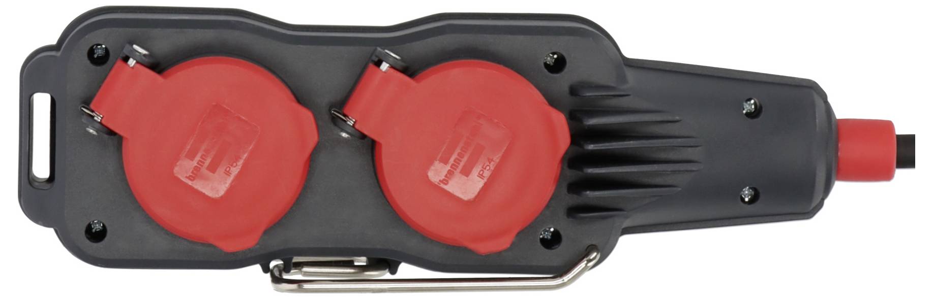 Schwarzer Industrie-Elektrostecker mit zwei roten Schutzkappe und rotem Kabelende auf grauem Gehäuse.