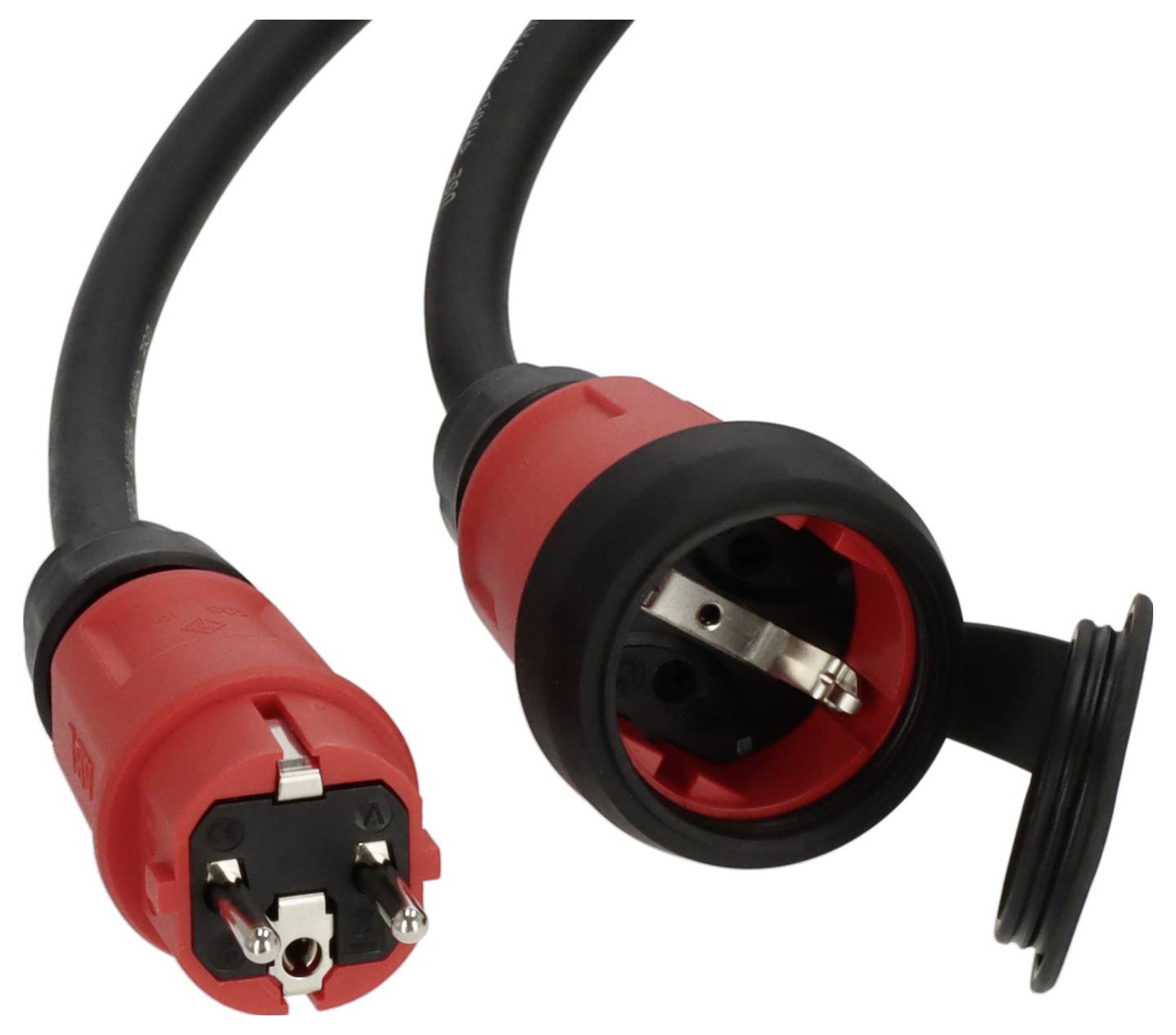 Zwei schwarze Stromkabel mit roten und schwarzen wasserdichten Elektrosteckverbindern, ein Stecker und eine Buchse, auf weißem Hintergrund.