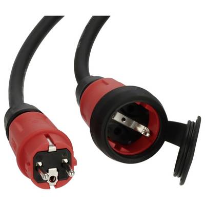 Zwei schwarze Stromkabel mit roten und schwarzen wasserdichten Elektrosteckverbindern, ein Stecker und eine Buchse, auf weißem Hintergrund.