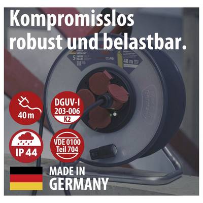 Werbebild einer Kabeltrommel mit Steckdosen; Text 'Kompromisslos robust und belastbar', '40 m', 'IP 44', 'DGUV-I 203-006 K2', 'VDE 0100 Teil 704' und 'MADE IN GERMANY'.
