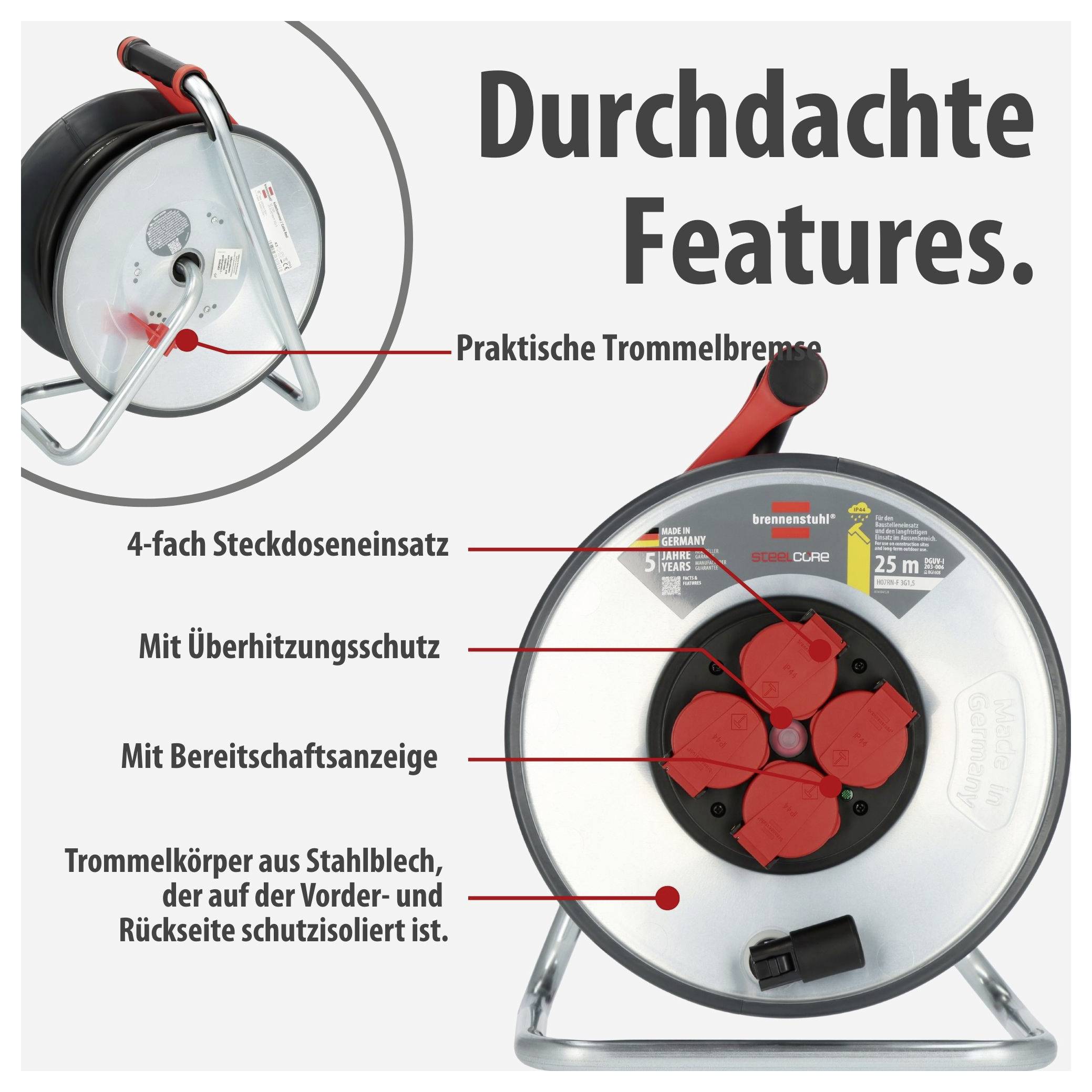 Werbeabbildung einer Kabeltrommel mit der Überschrift 'Durchdachte Features'; markiert sind Trommelbremse, 4-fach Steckdoseneinsatz, Überhitzungsschutz, Bereitschaftsanzeige und schutzisolierter Stahlblechkörper.