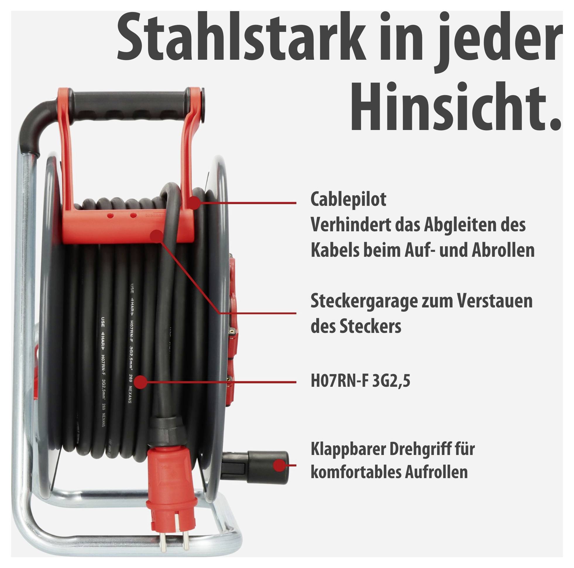 Kabeltrommel mit Text 'Stahlstark in jeder Hinsicht.'; markierte Funktionen: Cablepilot, Steckergarage, H07RN-F 3G2,5, klappbarer Drehgriff.<br>