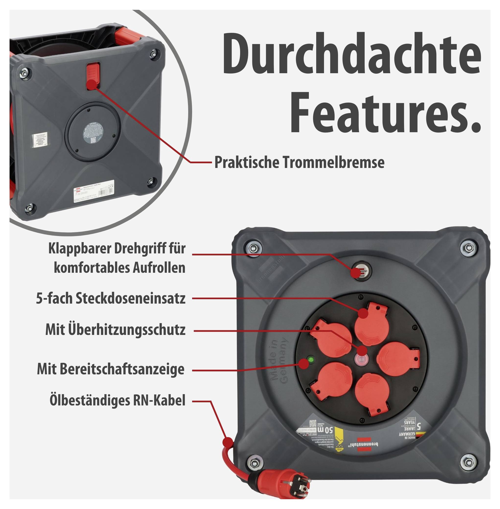 Werbegrafik mit einer Kabeltrommel und der Überschrift 'Durchdachte Features.'; markiert sind Trommelbremse, klappbarer Drehgriff, 5-fach Steckdoseneinsatz, Überhitzungsschutz und RN-Kabel.