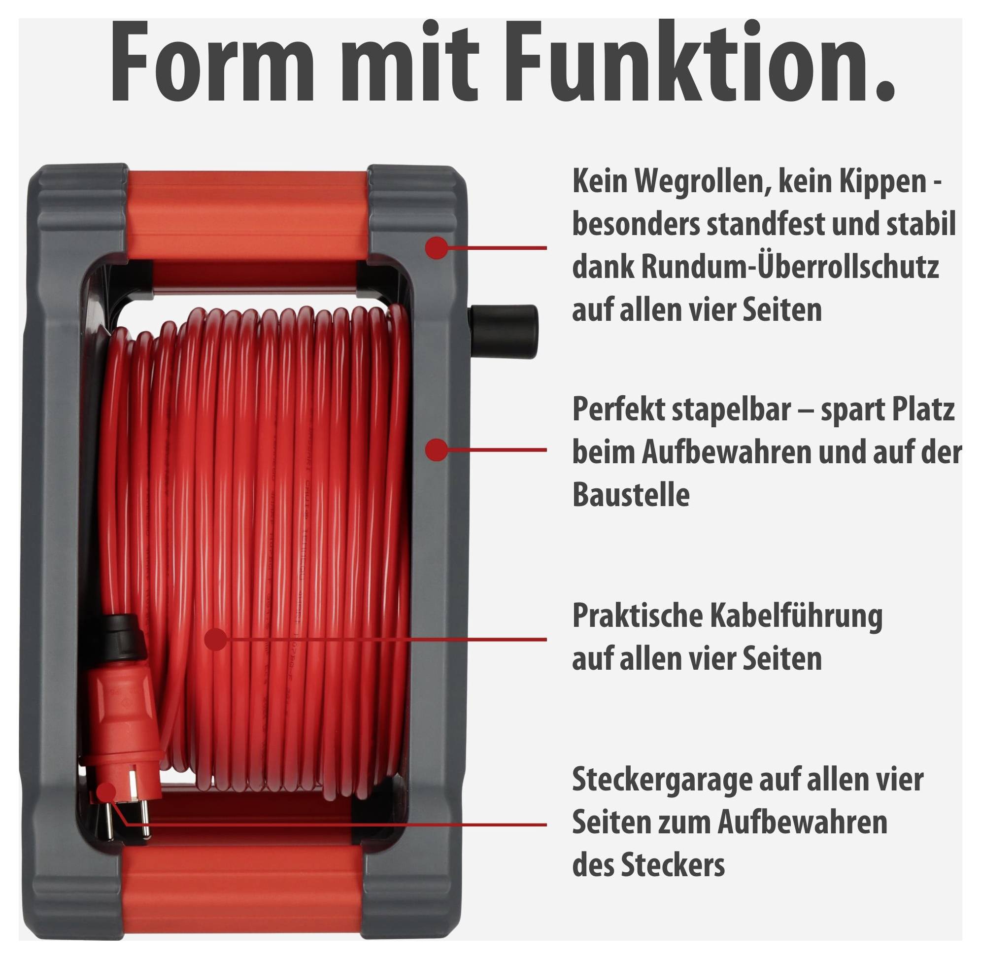 Roter Kabelaufroller mit vierseitigem Rundum-Überrollschutz; Text nennt: kippsicher, stapelbar, praktische Kabelführung und Steckergarage.<br>