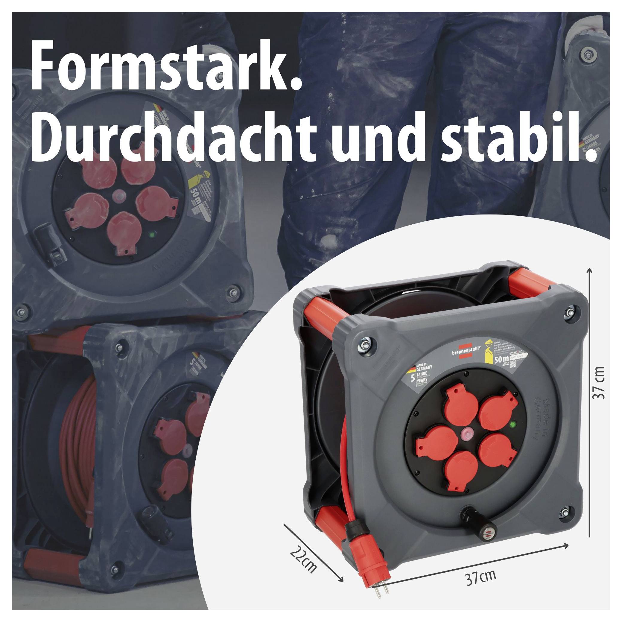 Werbeabbildung eines robusten Kabeltrommel-Gehäuses mit dem Text 'Formstark. Durchdacht und stabil.'; Maße 37 cm x 37 cm, Tiefe 22 cm.