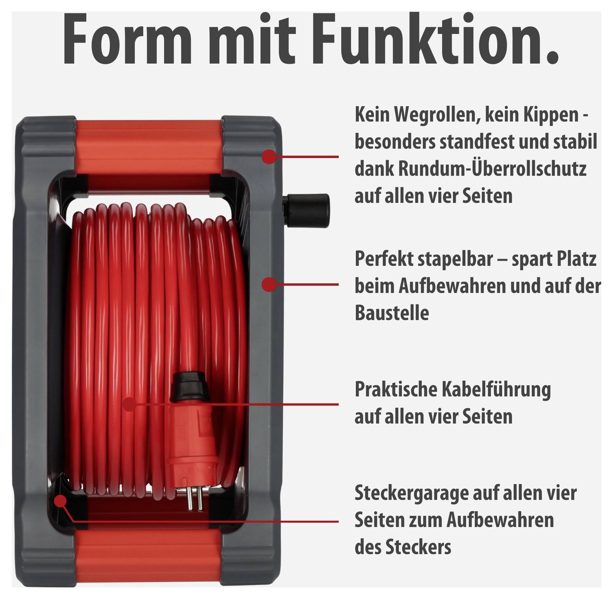 Kabeltrommel mit aufgerolltem rotem Kabel; Text hebt Rundum-Überschlagschutz, Stapelbarkeit, Kabelführung und Steckeraufbewahrung hervor.