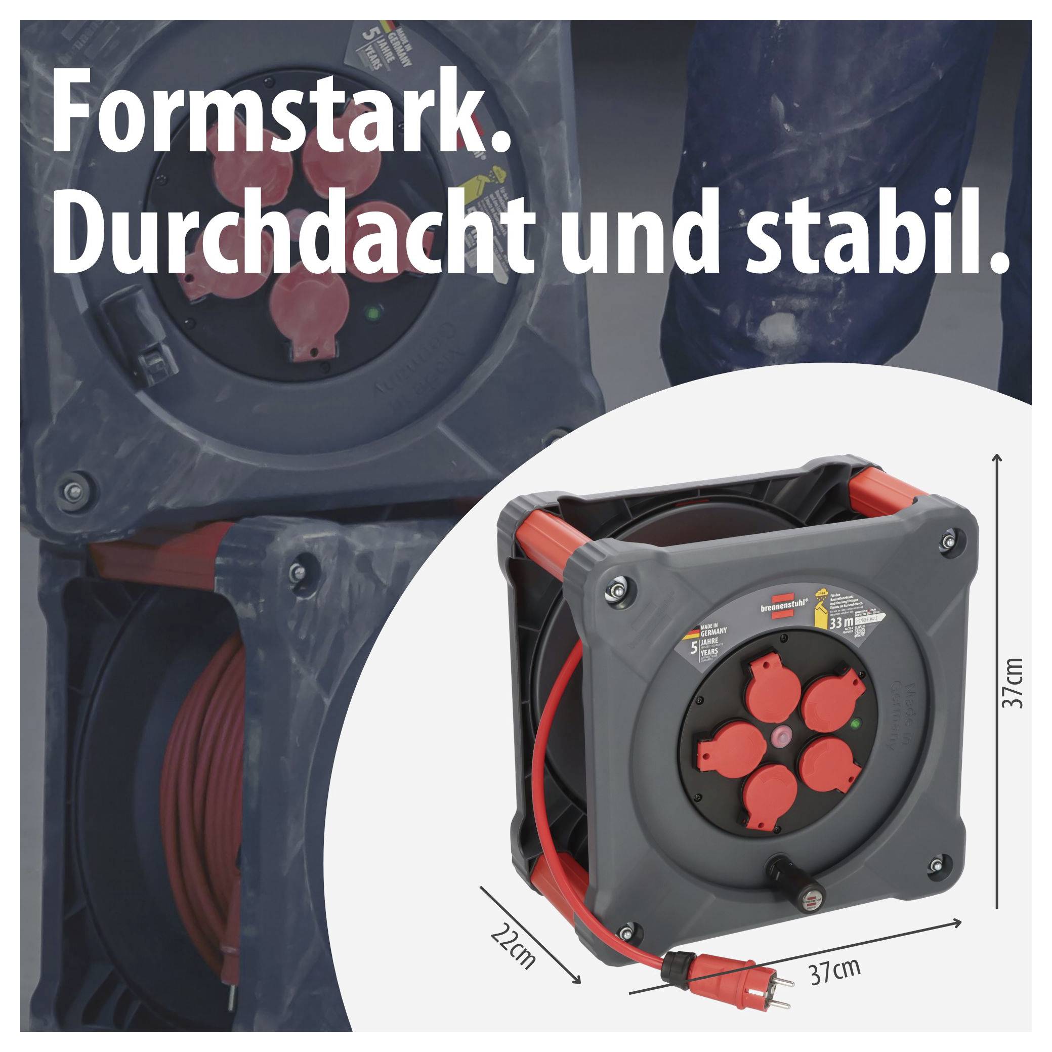 Produktwerbung für eine robuste Kabeltrommel mit dem Text 'Formstark. Durchdacht und stabil.'; Abmessungen 37 x 37 x 22 cm sind eingezeichnet.