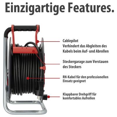 Kabeltrommel mit den 'Einzigartige Features': Cablepilot gegen Abrutschen, Steckergarage, RN-Kabel und klappbarer Drehgriff.