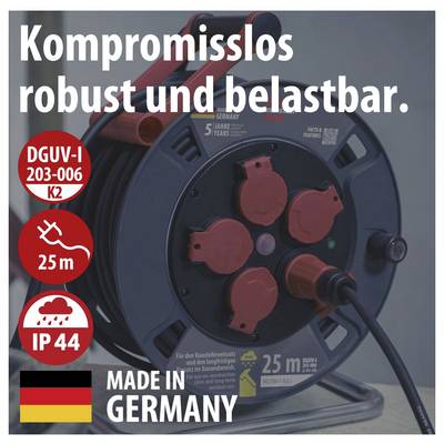 Robuste Kabeltrommel mit vier Steckdosen, 25 m Kabellänge, IP44 und 'Made in Germany'; Text: 'Kompromisslos robust und belastbar.'<br>