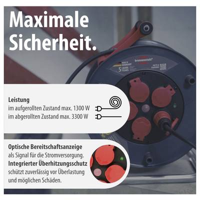 Werbeplakat für eine Kabeltrommel mit der Überschrift 'Maximale Sicherheit'; zeigt Leistung bis 1300 W aufgerollt und 3300 W abgerollt sowie Überhitzungsschutz und Bereitschaftsanzeige.