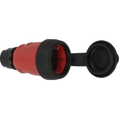 Roter Industrie-Elektrostecker mit schwenkbarer schwarzer Schutzkappe, in Seitenansicht auf weißem Hintergrund dargestellt.