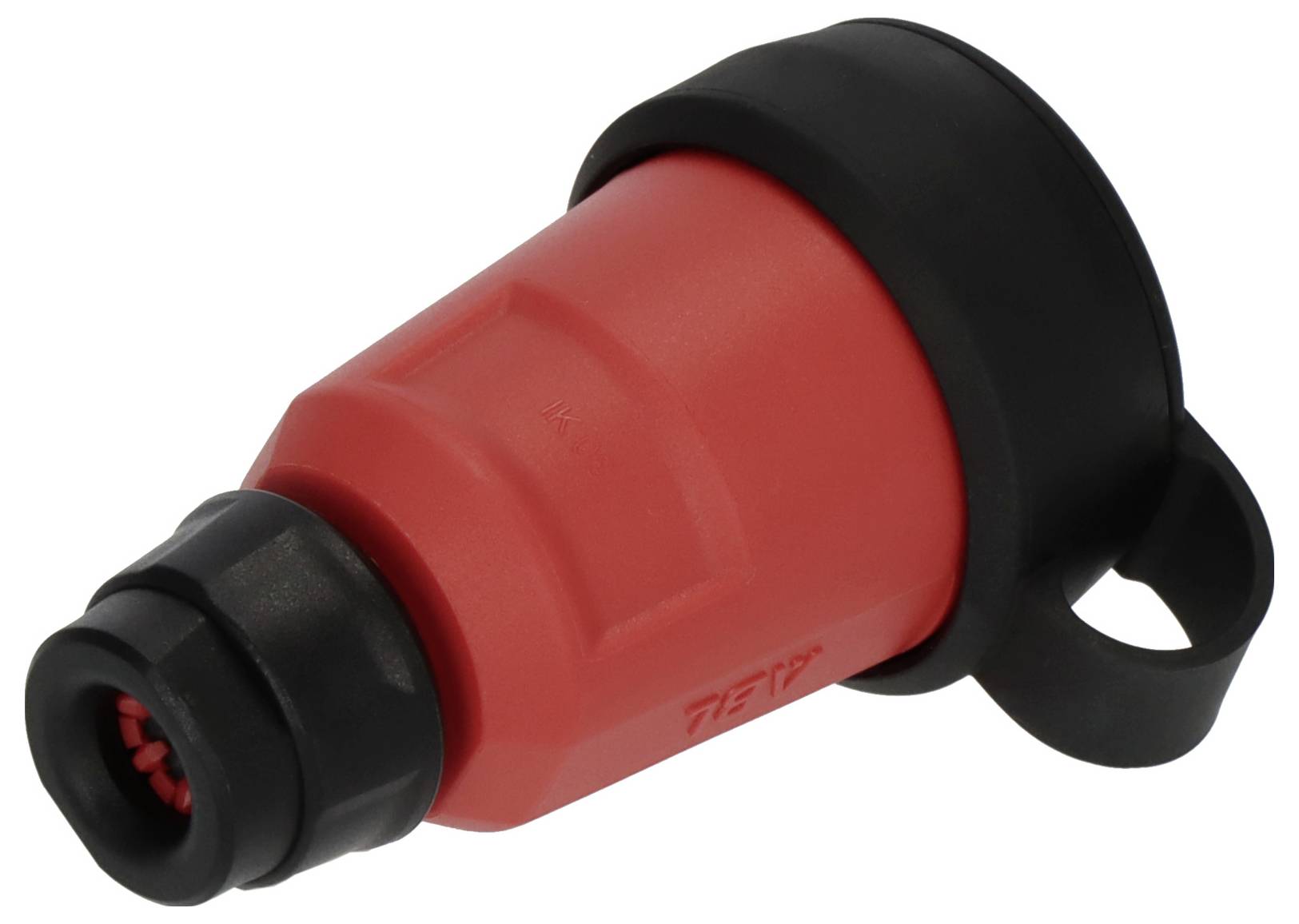 Roter, kegelförmiger Kunststoffaufsatz mit schwarzer Kappe und flexiblem Ring. Zubehörteil oder Werkzeugaufsatz.