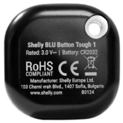 Ein schwarzer Shelly BLU Button Tough 1 mit technischen Informationen auf der Rückseite, einschließlich Batterietyp CR2032.
