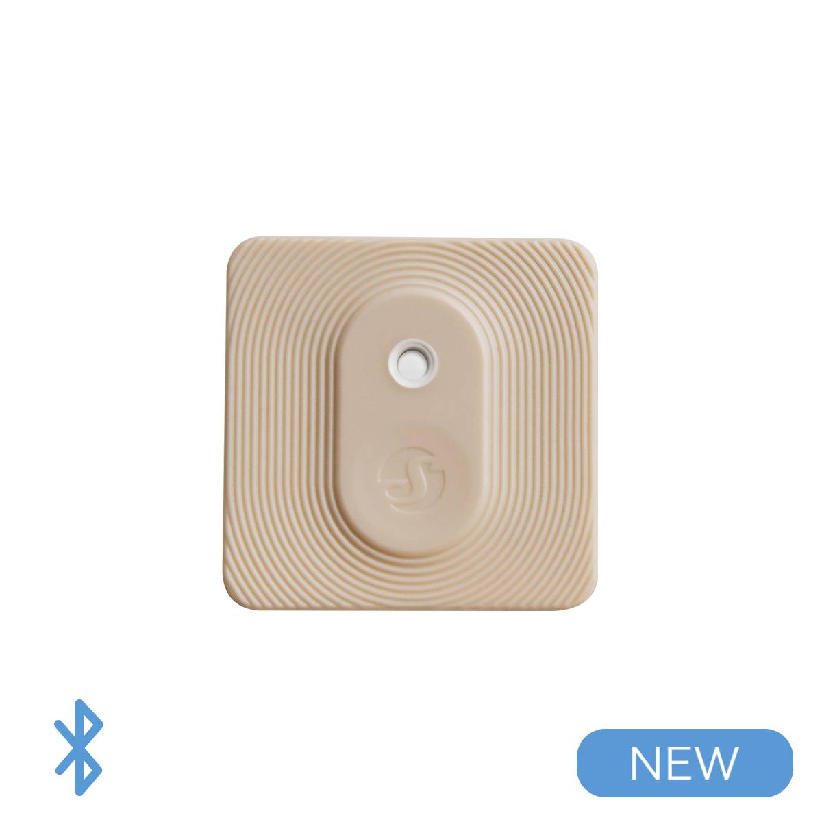 Ein quadratisches, hautfarbenes Gerät mit zentralem Sensor, Symbol in der Mitte. Links unten Bluetooth-Symbol, rechts unten 'NEW'.