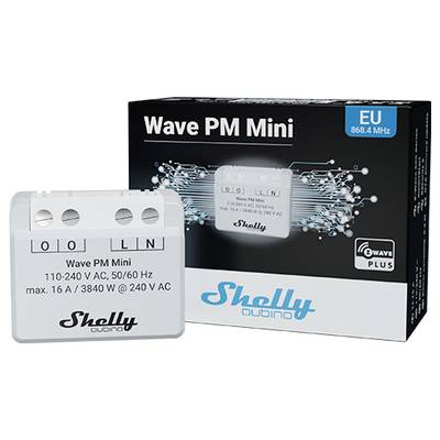 'Wave PM Mini' von Shelly, ein Elektronikgerät für den EU-Markt. Unterstützt 110-240 V AC, max. 16 A/3840 W. Frequenz: 868,4 MHz.