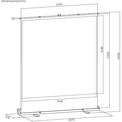 Technische Zeichnung eines quadratischen Elements mit Maßen: Breite 1995 mm, Höhe 2450 mm, Tiefe 105 mm.