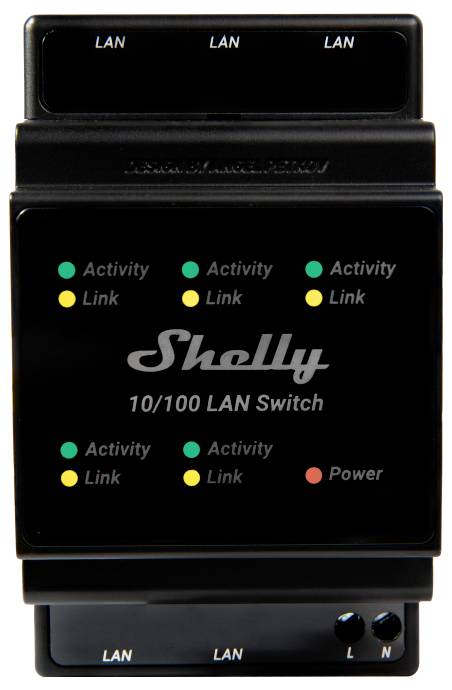 Ein schwarzer LAN-Switch mit der Aufschrift 'Shelly 10/100 LAN Switch', zeigt mehrere Lämpchen für 'Activity', 'Link' und 'Power'.