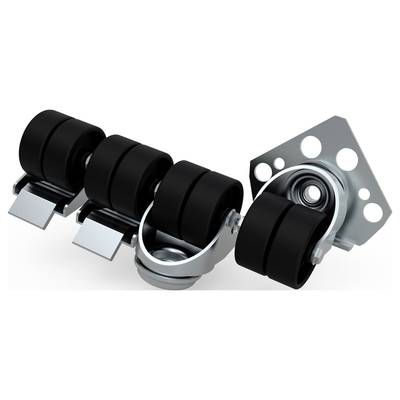 Schwarze Möbelrollen mit Metallbefestigungen in einer Reihe. Zwei vertikale, zwei horizontale Rollen; geeignet für Stühle und Möbel.