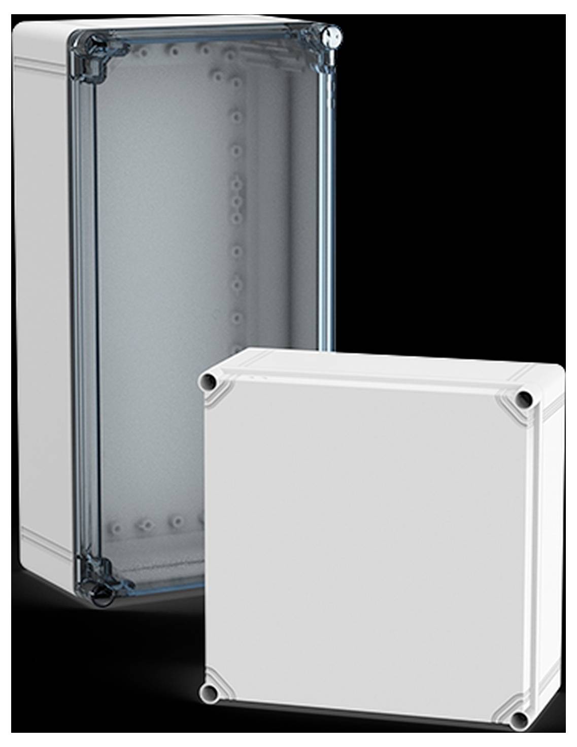 Zwei weiße, rechteckige elektrische Gehäuse, eines stehend mit durchsichtiger Tür und das andere flach liegend, vor schwarzem Hintergrund.
