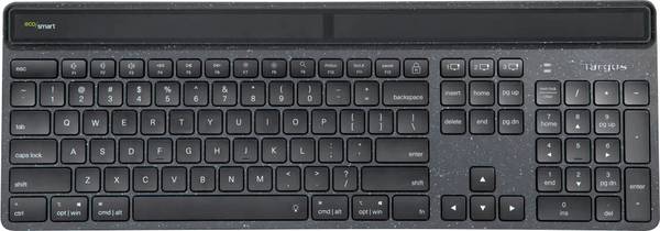 Targus EcoSmart™ Bluetooth® Tastatur Deutsch, QWERTZ Schwarz Beleuchtet, Ergonomisch, Geräuscharme Tasten, mit numerischer Tastatur, Multipair-Funktion, Solar, Wiederaufladbar