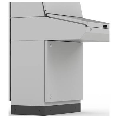 Ein grauer, moderner Kiosk oder Schalter mit geneigter Oberfläche und Schublade. Ideal zur Selbstbedienung in öffentlichen Räumen.