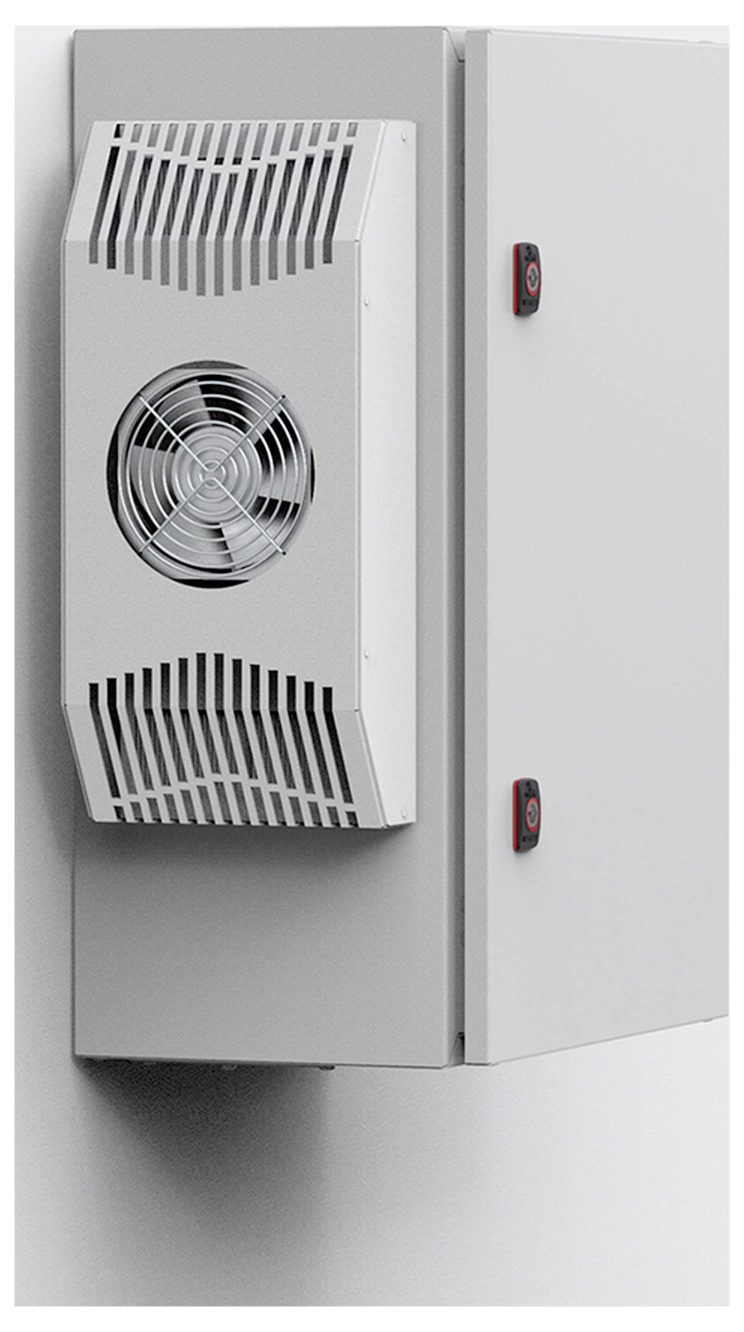 Elektrischer Schaltschrank an einer Wand befestigt, mit Lüfter für Kühlung und roten Knöpfen an der Seite.