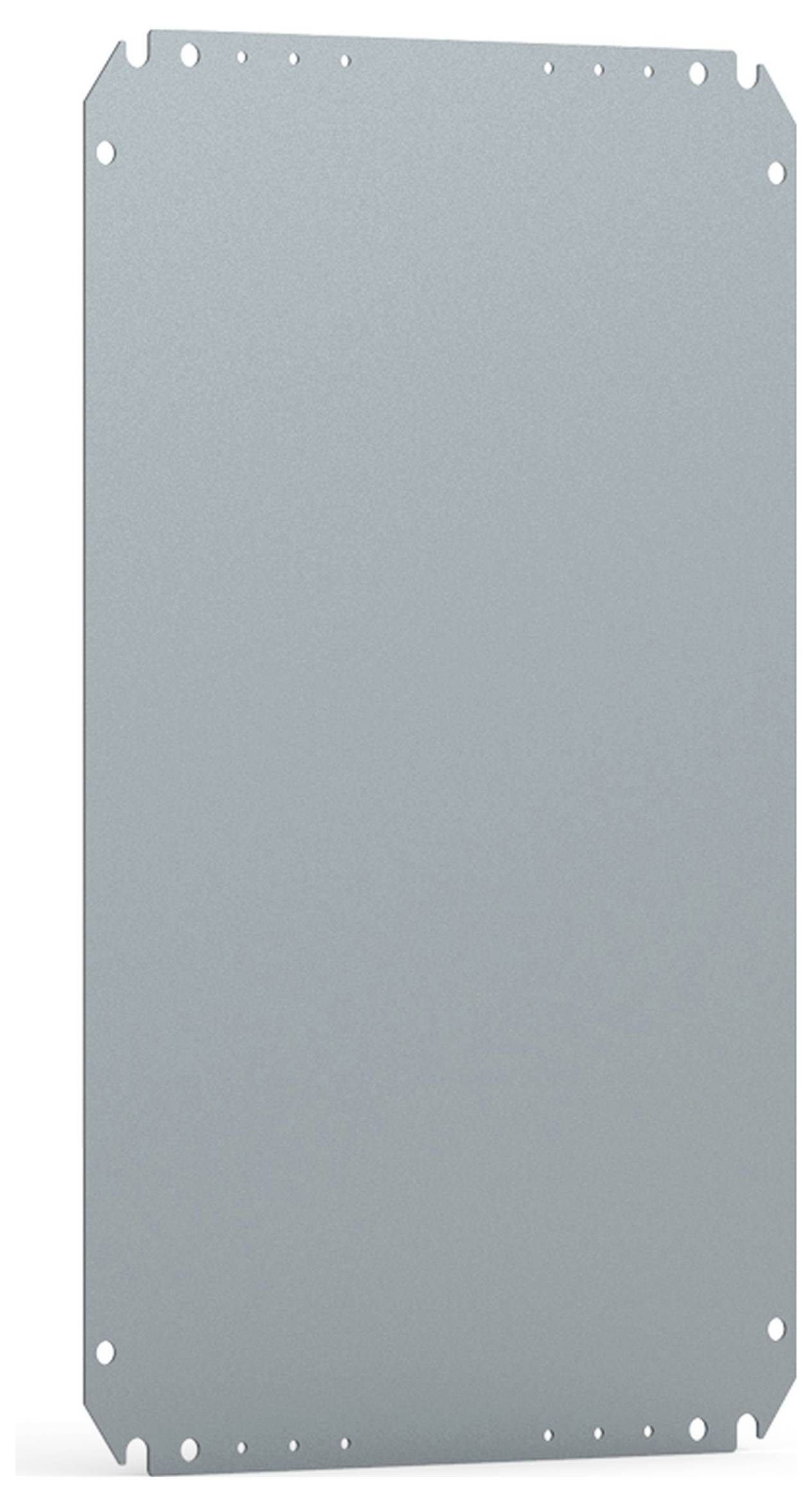 Metallplatte mit rechteckiger Form, mehreren Löchern an den Rändern, vermutlich zur Befestigung.