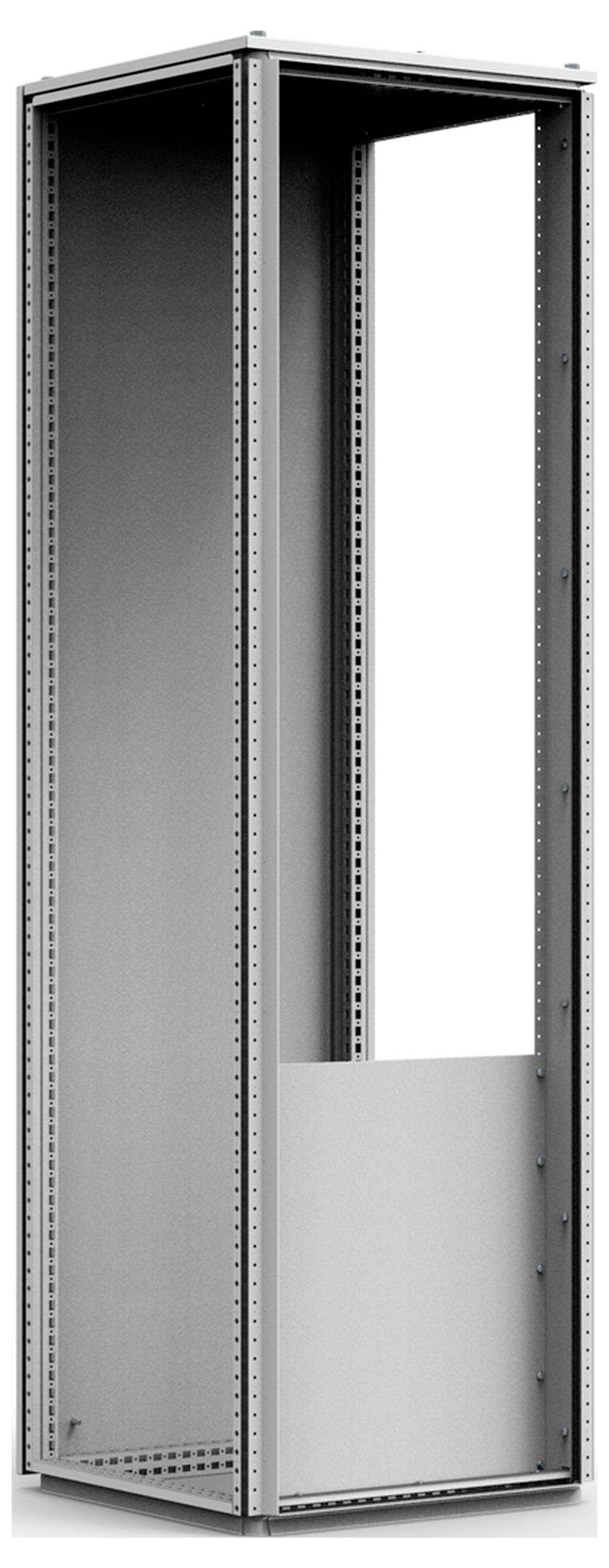 Ein hoher, leerer Metallrahmen für IT-Server-Racks, geeignet zur Aufnahme und Organisation von Servern und Kommunikationsgeräten.