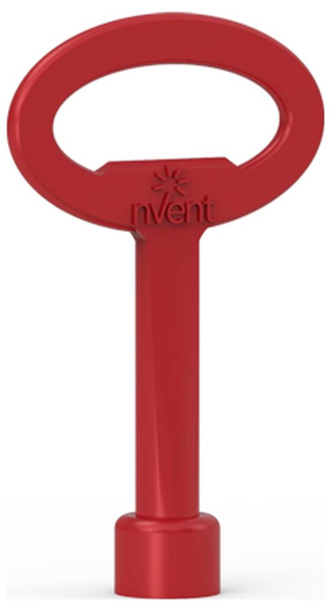 Ein roter Sicherheitschlüssel mit ovaler Grifföffnung und graviertem Logo 'nVent'.
