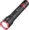 Schwarze Taschenlampe mit rotem Rand, Markenlogo auf dem Griff. LED-Leuchten und Batteriestandanzeige sichtbar.