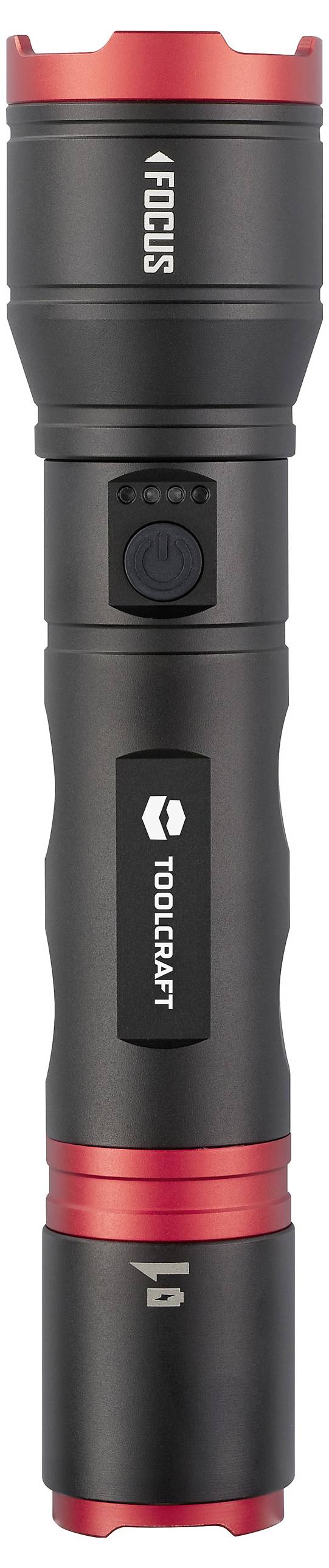Schwarze Taschenlampe mit roten Akzenten, Tasten auf der Vorderseite und der Aufschrift 'Toolcraft' und '1FOCUS'.