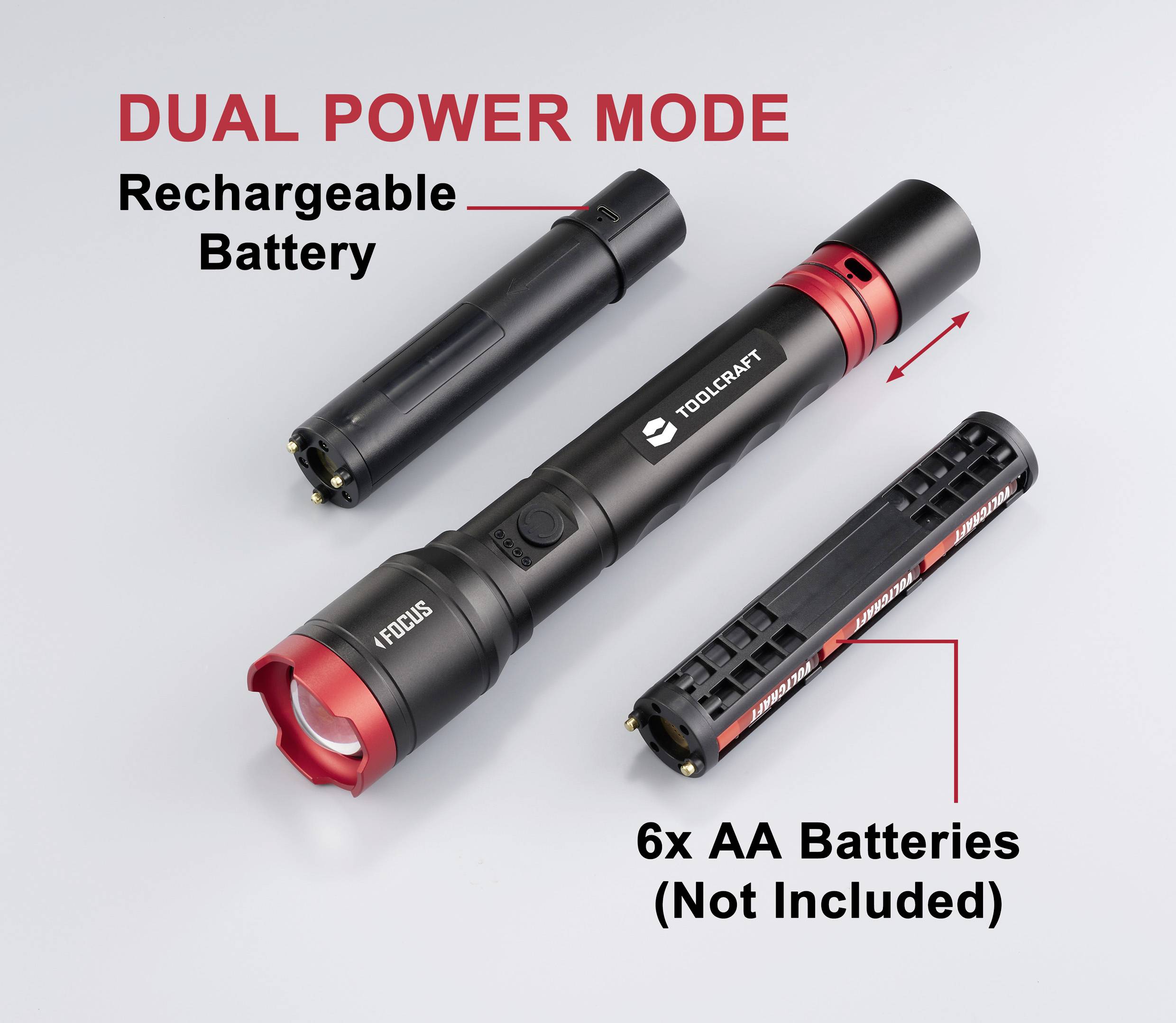 Taschenlampe mit Dualmodus, kompatibel mit wiederaufladbarem Akku und 6x AA-Batterien. Enthält roten Griff und Werkzeugsymbol.