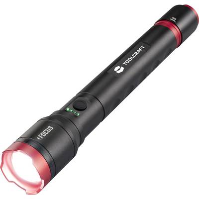Schwarze Taschenlampe mit rotem Rand, Markenlogo und leuchtendem Schein vorne.
