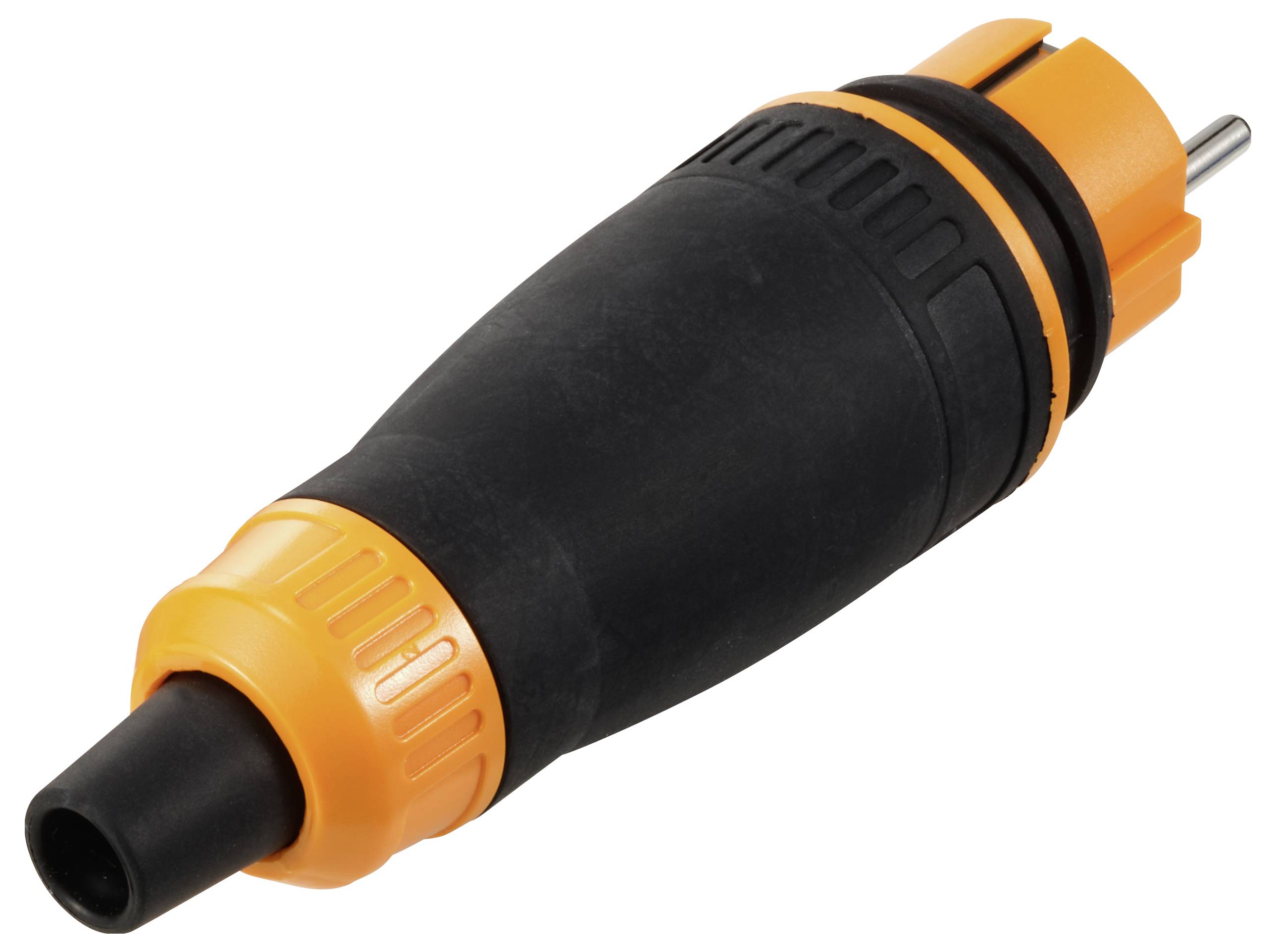 Schwarz-orangefarbener Steckeradapter, zylindrische Form, geeignet für grobe Anwendungen.