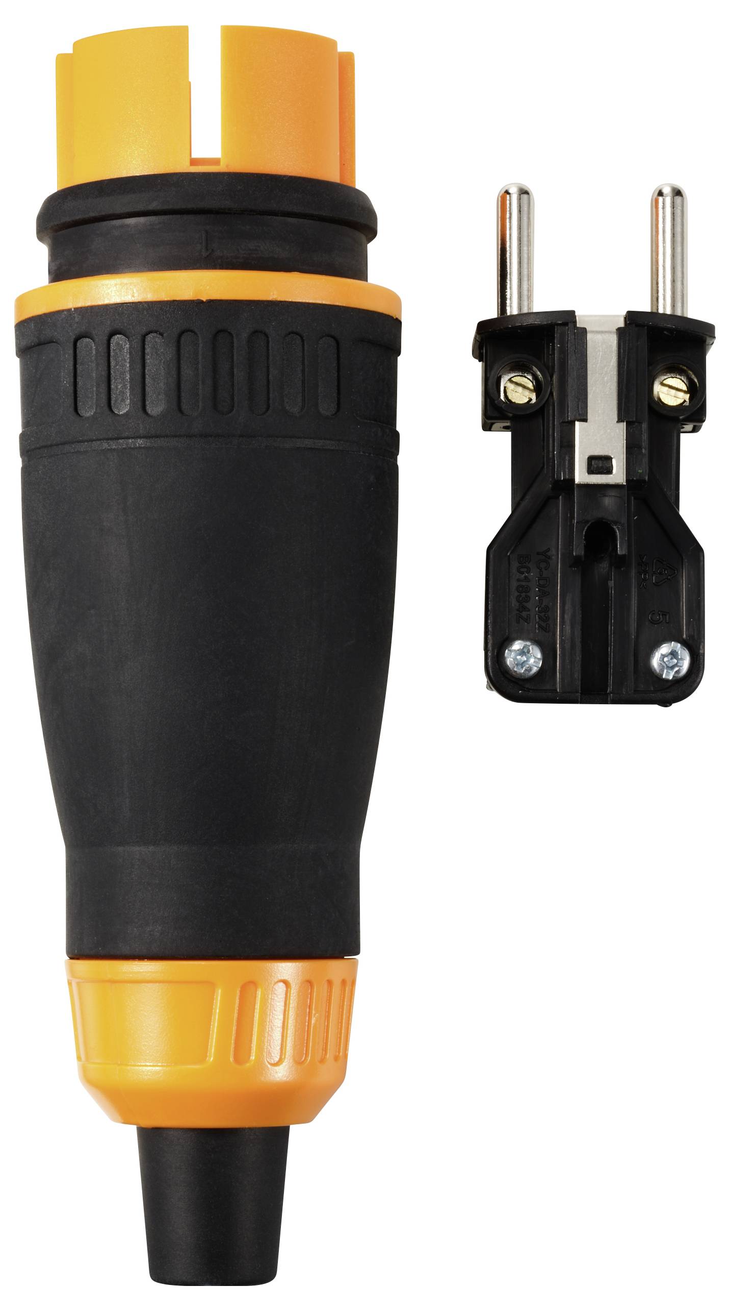 Schwarzer und orangefarbener Gummistecker mit EU-Steckeradapter, geeignet für den Anschluss an gängige Elektronikgeräte.