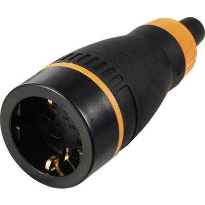 Schwarzer Adapterstecker mit orangefarbenen Details, geeignet für den Anschluss verschiedener elektrischer Geräte an europäische Steckdosen.