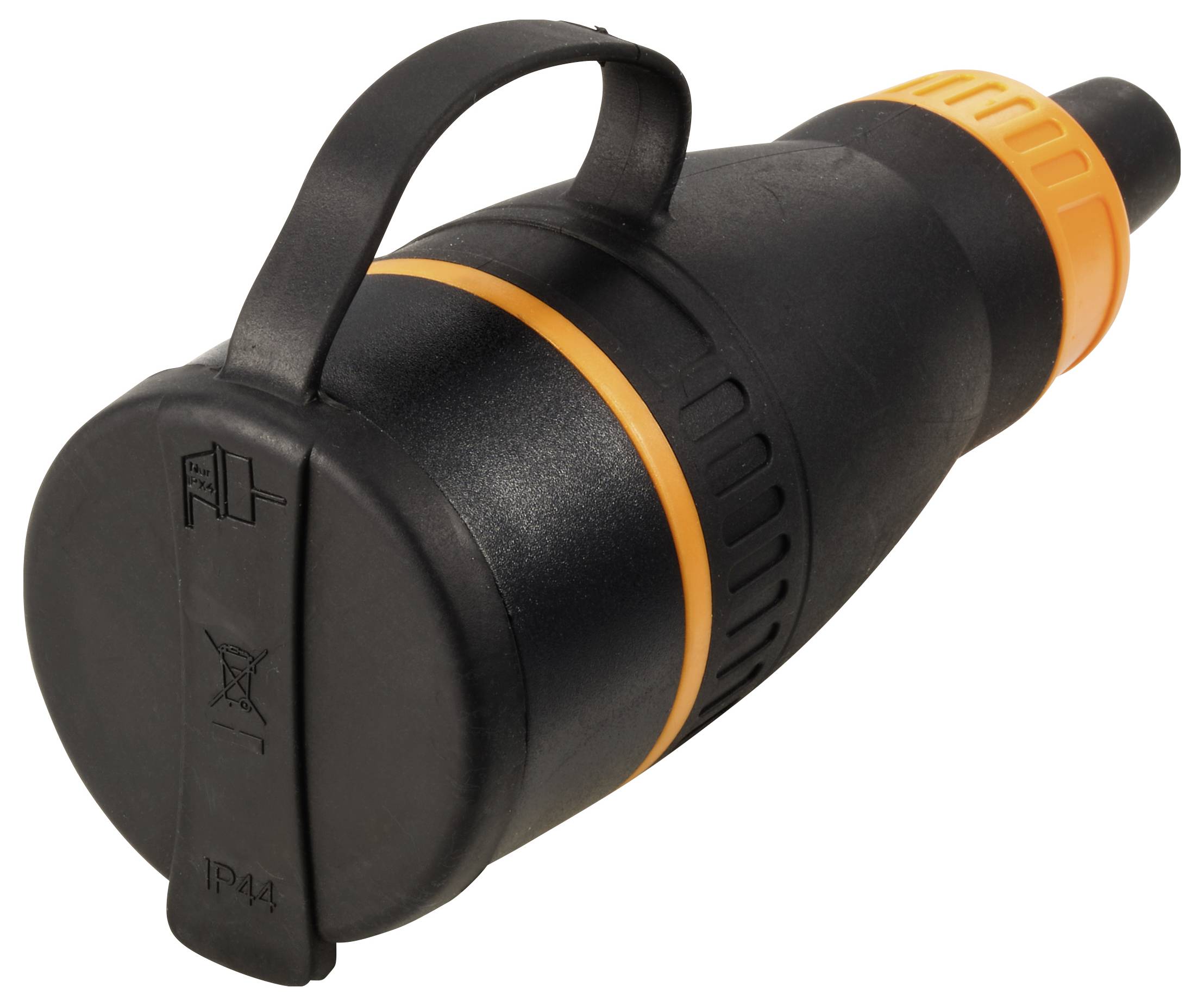 Schwarzer und oranger Adapterstecker mit IP44-Schutz, geeignet für den Außenbereich. Hat eine Schlaufe zum einfachen Tragen.