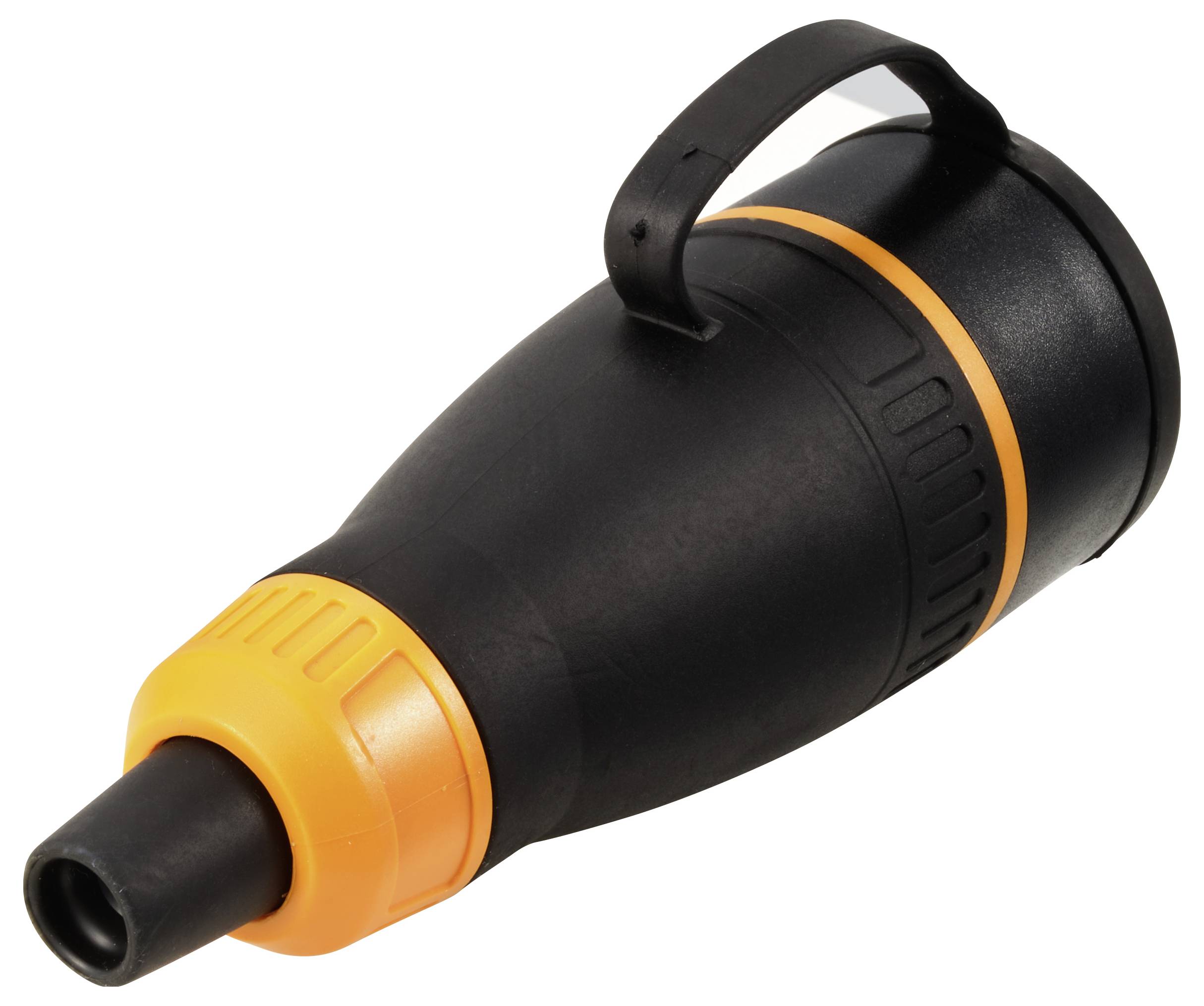 Ein schwarzes, zylinderförmiges Elektronikteil mit orangefarbenen Akzenten und Griff, vermutlich ein Kabel- oder Verbindungsstück.