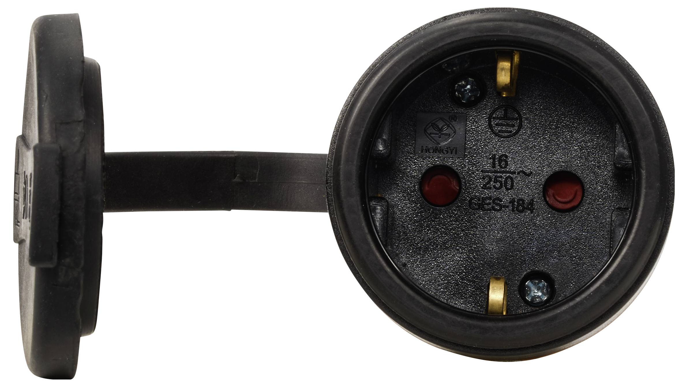 Ansicht von vorne einer runden Steckdosenbuchse mit abnehmbarem Deckel. Sichtbar sind zwei Metallkontakte und rote Plomben.