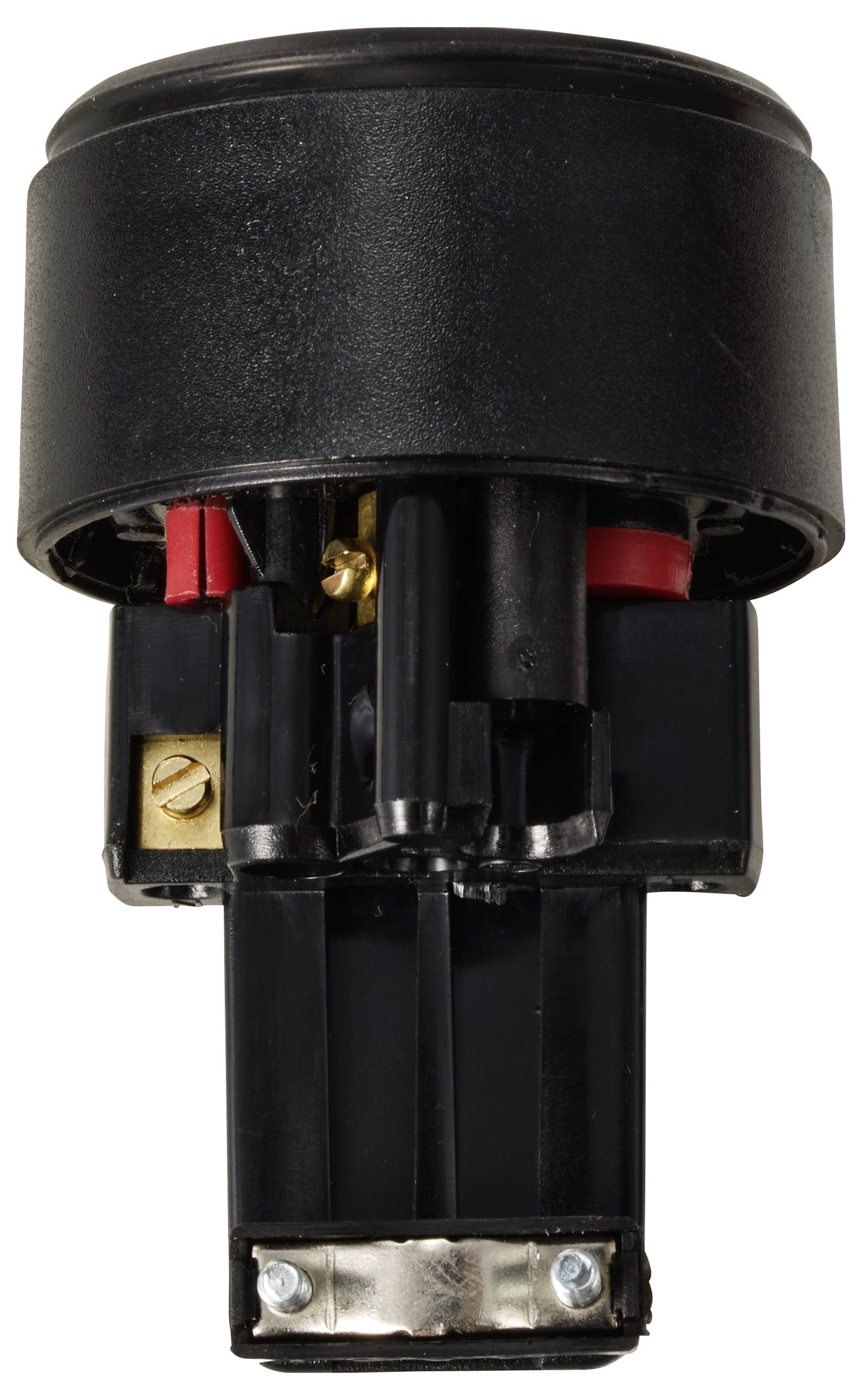 Schwarzer elektrischer Steckadapter mit drei Metallanschlüssen und zwei roten Drähten. Oberer Teil zylindrisch geformt.