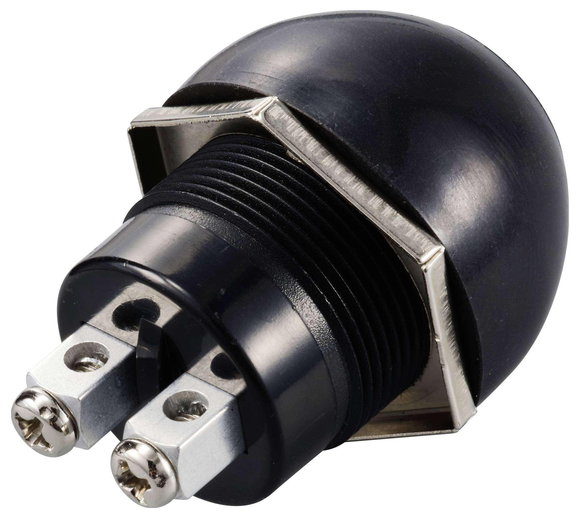 Schwarzer Endschalter mit Kugelkopf und Metallgewinde, zwei Schraubanschlüsse, verwendet in mechanischen und elektronischen Schaltungen.