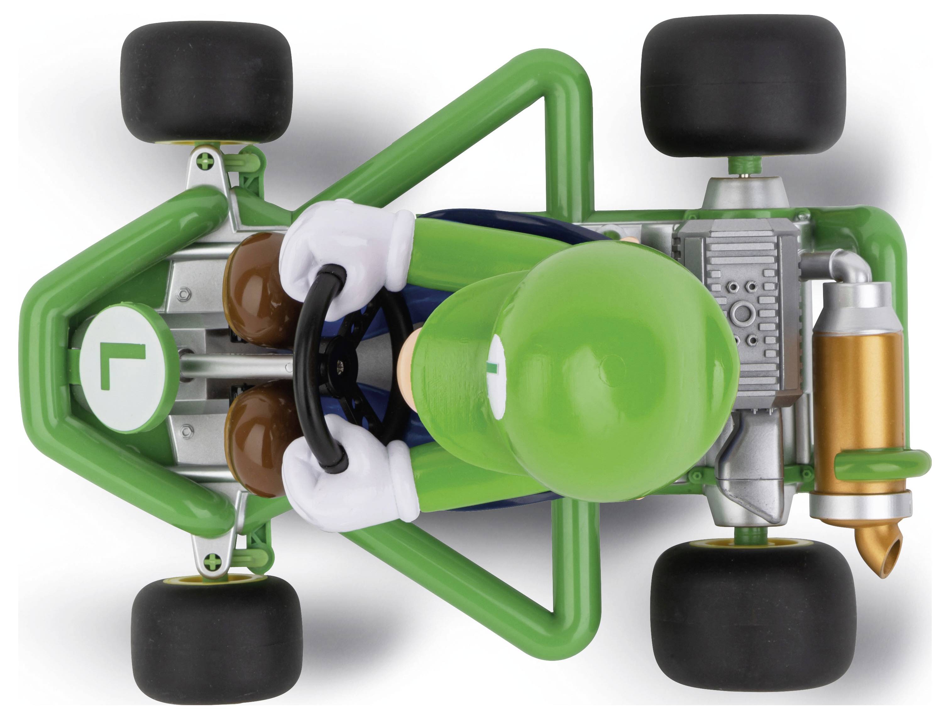 Ein grünes Spielzeug-Kart mit Fahrer in grünem Outfit von oben. Das Kart hat vier Räder und einen Auspuff auf der rechten Seite.